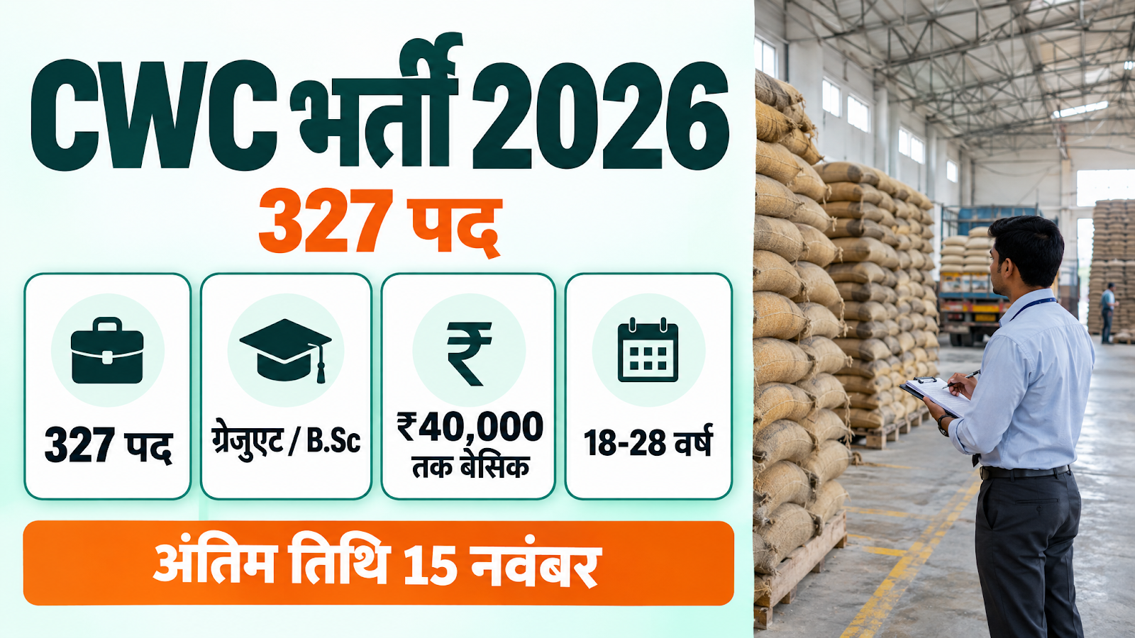 CWC Recruitment 2026 के 327 पदों की जानकारी वाला थंबनेल, गोदाम और अधिकारी