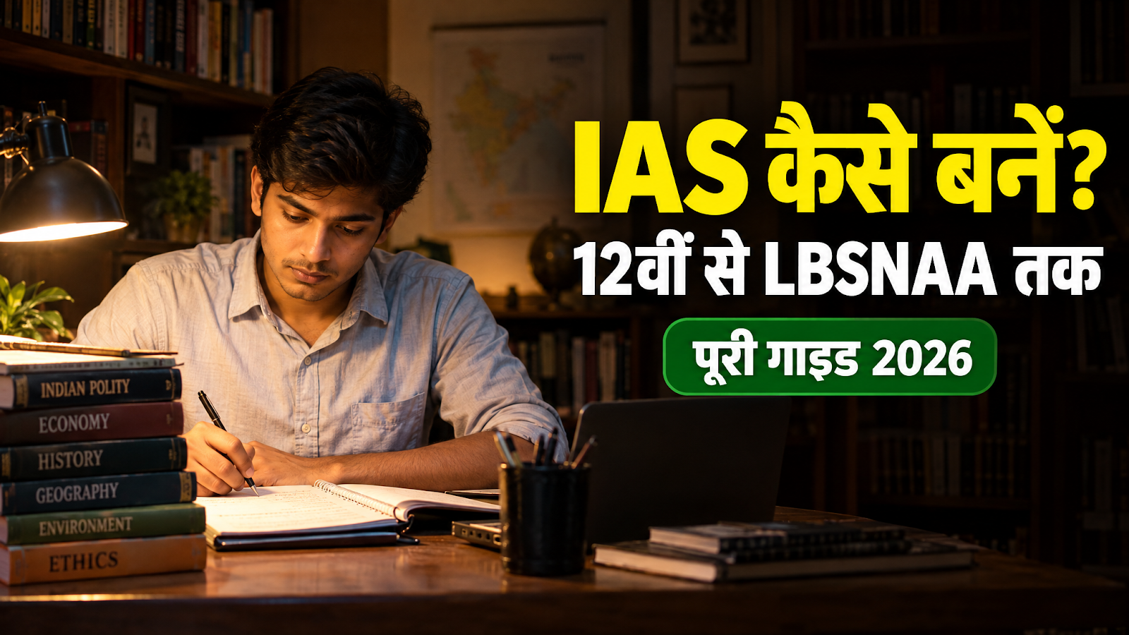 IAS कैसे बनें गाइड 2026: डेस्क पर पढ़ाई करता UPSC aspirant