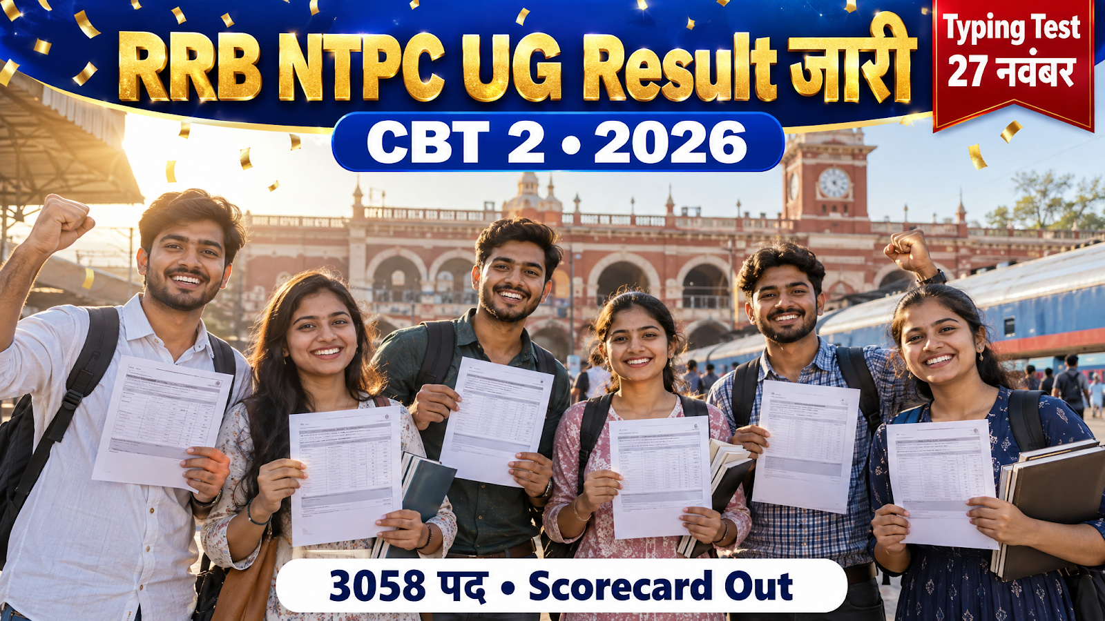 RRB NTPC UG CBT 2 Result 2026 जारी होने पर खुश रेलवे उम्मीदवार रेलवे स्टेशन के सामने