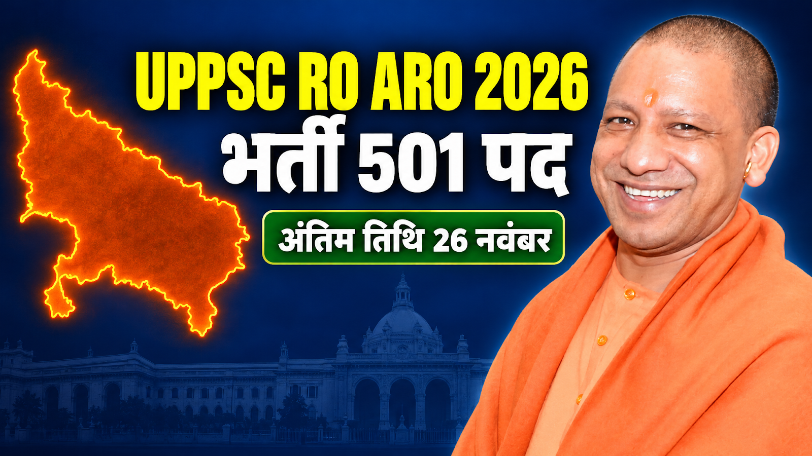 UPPSC RO ARO Recruitment 2026 के 501 पदों की भर्ती का थंबनेल, उत्तर प्रदेश नक्शे के साथ