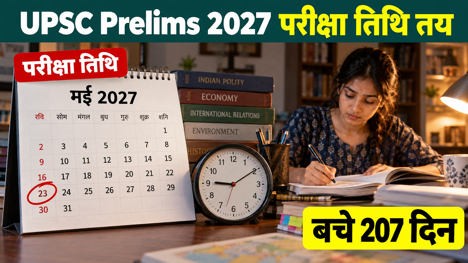UPSC Prelims 2027 परीक्षा 23 मई को, कैलेंडर पर गोल की गई तारीख और पढ़ता हुआ aspirant