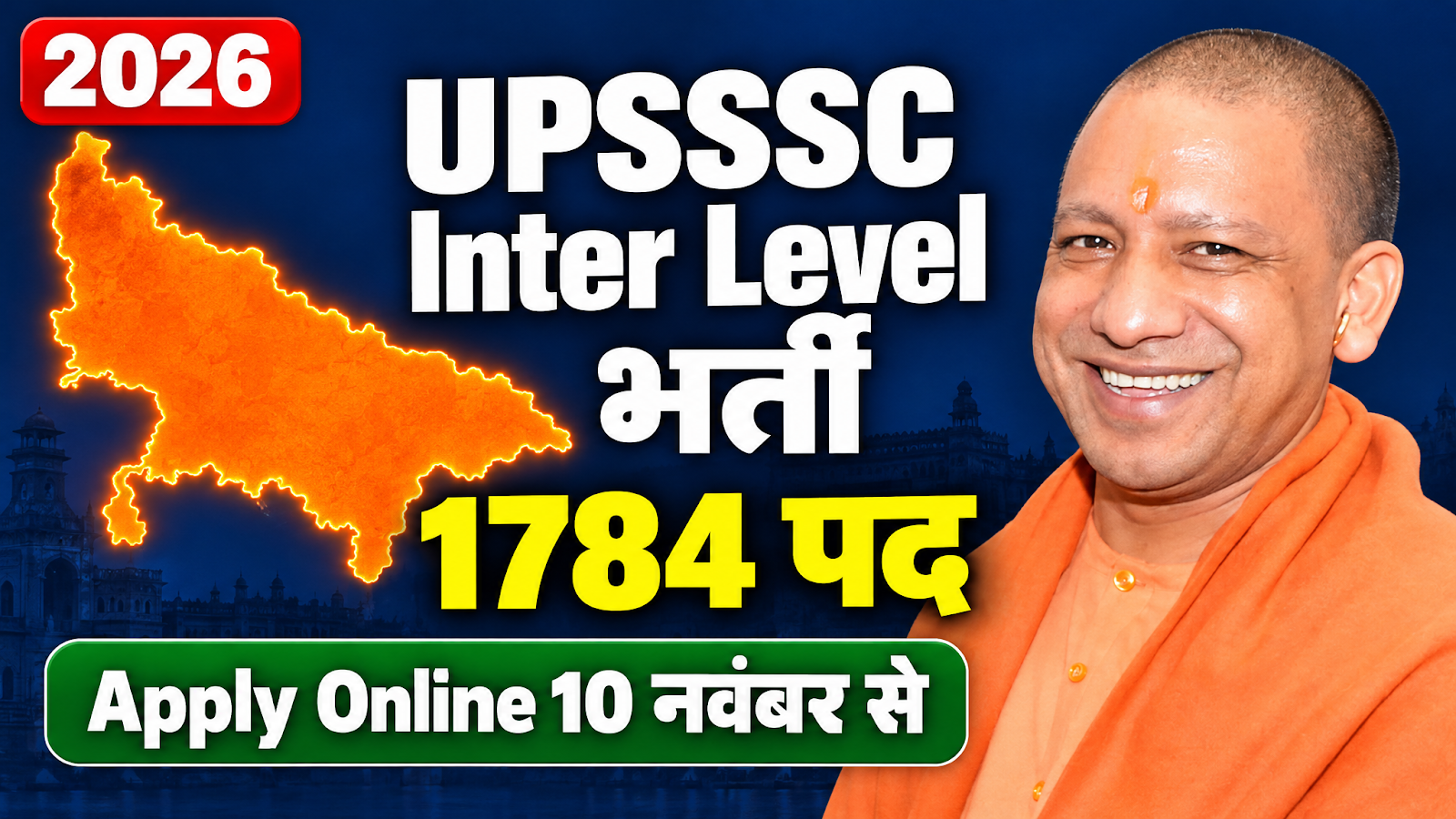 UPSSSC Inter Level Recruitment 2026 के 1784 पदों की भर्ती का थंबनेल, उत्तर प्रदेश नक्शे के साथ